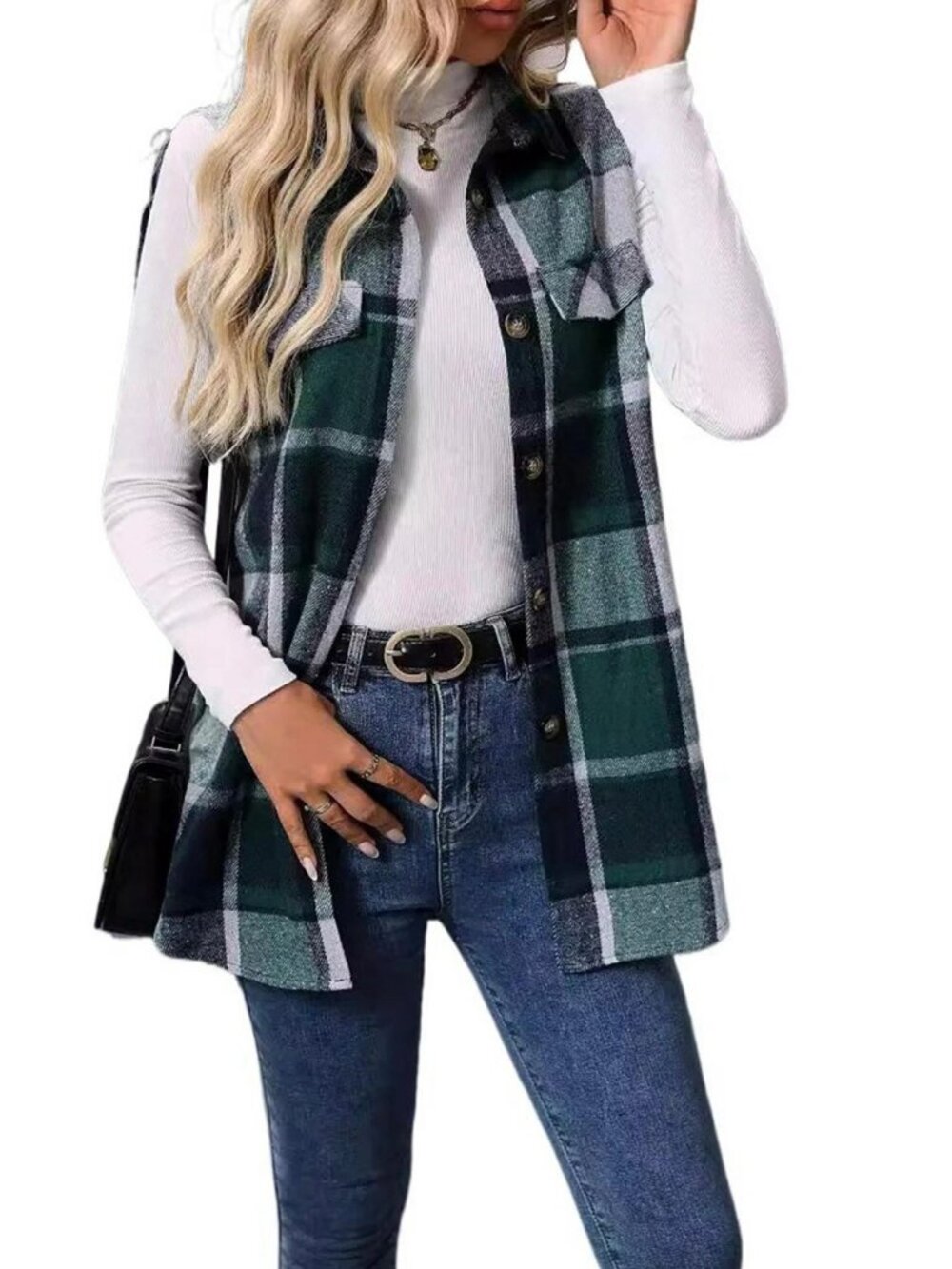 Cute Duck Women's Green Plaid Sleeveless Long Vest Jacket XL